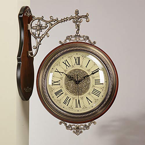NgFTG American Style Double Sided Wall Clock, Solid Wood Metal Silent European Clock,Vintage Wall Hanging Decorative Clock Home Decor-c 40x51cm(16x20inch)