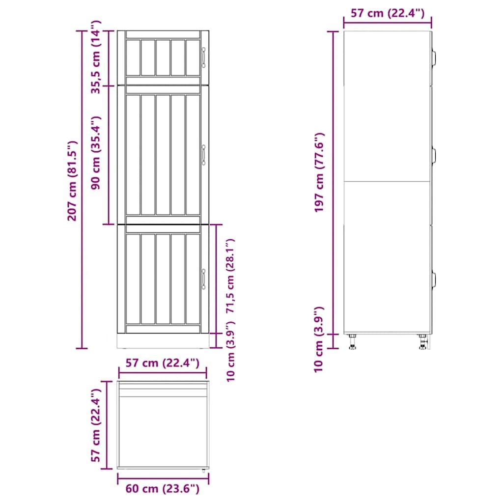 Lucca - Mobile da cucina in legno di rovere affumicato, con molto spazio, piedini regolabili, autoportante, 60 x 57 x 207 cm, ideale come mobiletto sottostanza, credenza per cucina e sala da