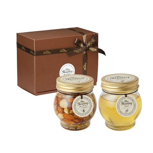 生はちみつ専門店 MY HONEY マイハニー ナッツの蜂蜜漬けL200g+アカシアハニーL200g ブラウンギフトボックスS+MYHONEYロゴ入りリボン