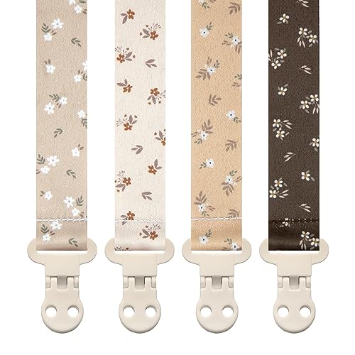 Image of Stadela Baby Pacifier Clip Holder - Girl or Boy Unisex 4 Pack Gift Set – Boho Modern Neutral Flowers Floral (Allysa)
