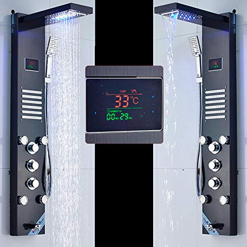 Panel de ducha negro con LED, pantalla digital de temperatura, cascada y lluvia, grifo de tres manetas miniatura 2