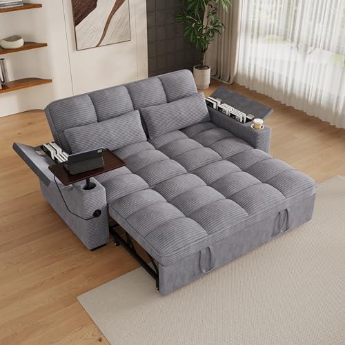 KEIKI 65 3-in-1 Convertible Sofa Bed Space-Saving Pull-Out Sleeper Loveseat with 360 Swivel Table USB Charging Ports & Hidden Storage Premium Ribbed Corduroy Couch for Apartments