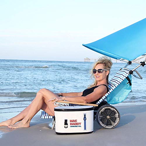 Mac Daddy Beach Chair w Wide Tall Wheels Portable Folding Recliner Lounge for Sun Tanning, Camping, Patio, Outdoor Pool w Lock & Large Storage Pocket Waterproof Canopy