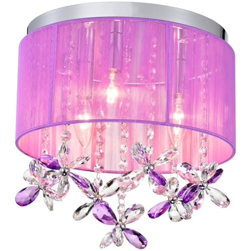 LaLuLa Purple Crystal Chandelier for Girls Bedroom, 3-Light E12 Flush Mount Ceiling Light Fixture, Handmade Cotton String Shade, Elegant Crystal Ceiling Lamp for Nursery, Dressing Room, or Closet
