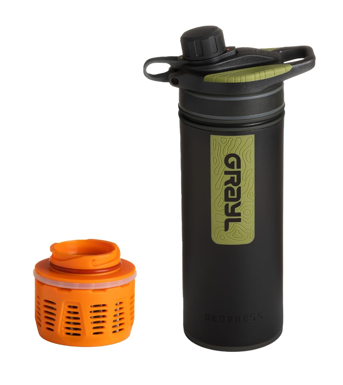 GRAYL GeoPress Filtre à Eau Extérieur Premium Mega Bundle avec Filtre de Remplacement 500L Eau Potable Élimine 99,99% Bactéries & Virus pour Camping, Survie & Voyage - Noir Camo + Orange