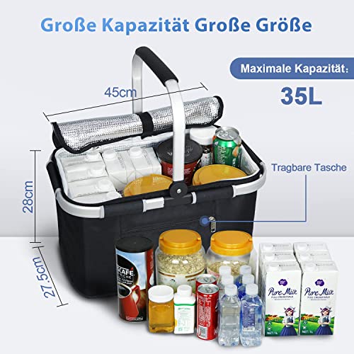 ABIUBIU 35L Kühltasche Einkaufskorb Picknickkorb Große isolierte Kühlkorb Lunchtasche Thermo Tasche für Büro Camping Picknick Reisen Seitenstütze Aufrecht Halten