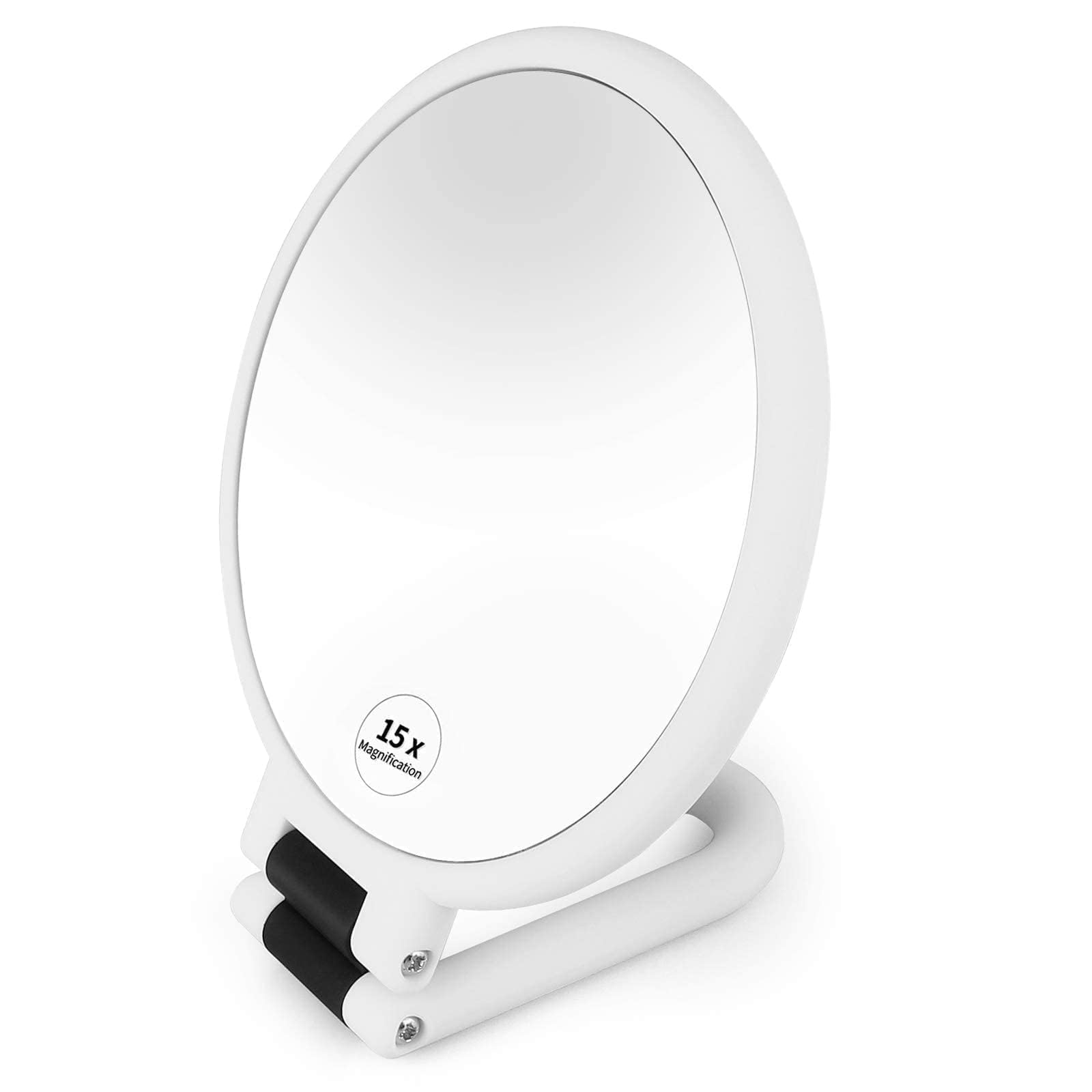 Espejo maquillaje, Espejo de Mujer mano de doble cara con lupa de 1X 15X, Espejo de viaje Baño con soporte de mano profesional con mango plegable ajustable (Blanco)