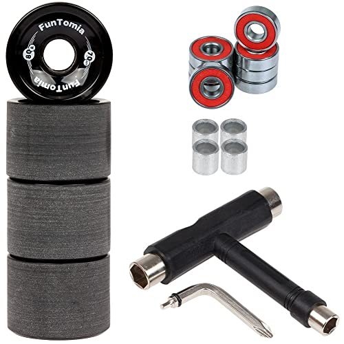 FunTomia 4 Stück Longboard/Skateboard Rollen (Big Wheels) in 70x51mm 80A oder 70x51mm 86A inkl. Mach1® Kugellager, Metall Spacer und T-Tool