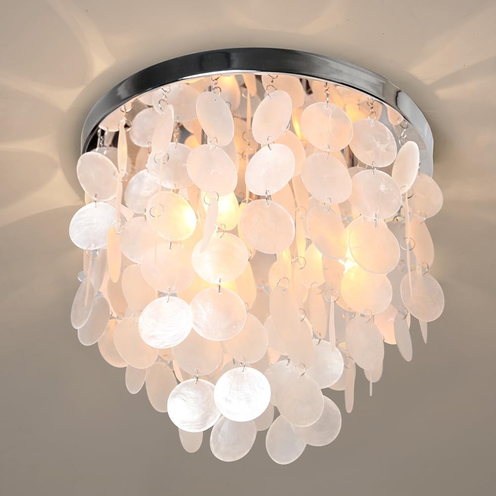 Capiz Flush Mount Ceiling Light, 3-Light Shell Light Fixtures Boho Ceiling Light Fixtures for Living Room, Bedroom, Kitchen Island, Foyer, Entryway, Seashell Coastal, Chrome