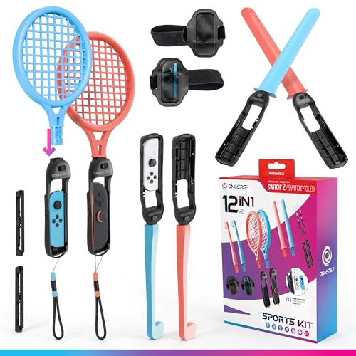 Oniverse Kit 12 in 1 di accessori per Switch2/Switch/OLED compatibile con Nintendo Switch Sports – Racchette, Mazze da golf, Chambara, Fasce da gamba, Laccetti da polso e Impugnature per Joy-Con