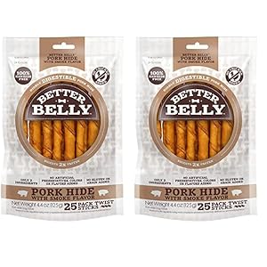 Better Belly Highly Digestible Rawhide Twist Sticks Chews, Treat Your Dog to a Chew with NO Artificial Colors or Flavors 25 Count (Pack of 2)