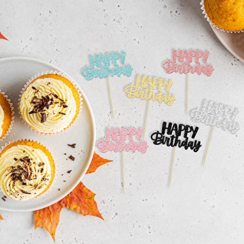 Gyufise 24Pcs Happy Birthday Cupcake Toppers Glitter Birthday Cupcake Food Picks For Celebrating Happy Birthday Party Cake Decorations Supplies Six Colors thumb #2