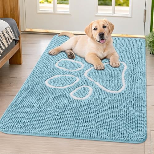 Image of Smiry Dog Door Mat for Muddy Paws, Absorbent Dirt Trapper Non Slip Quick Dry Washable Chenille Mat for Mud Dogs, Entry Rug for Indoor and Outdoor (40x32 Inches, Sky Blue and White)