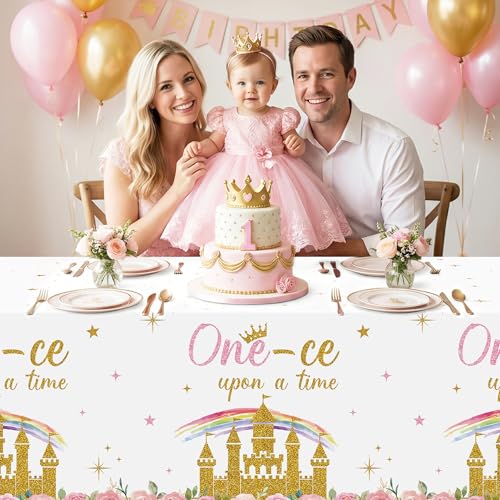 Image of K1tpde Princess 1st Party Tablecloth - 3PCS One-ce Upon A Time Birthday Plastic Tablecloth for Girls, Princess Castle Party Floral Disposable Tablecover for Baby Shower Castle Fairytale Party Supplies