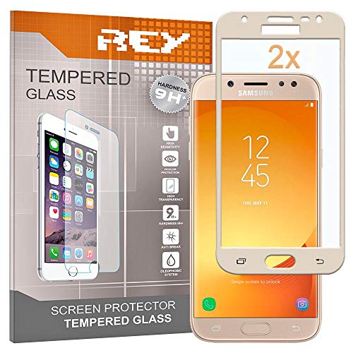 REY 2X Protector de Pantalla 3D para Samsung Galaxy J3 2017, Oro, Protección Completa, 3D / 4D / 5D