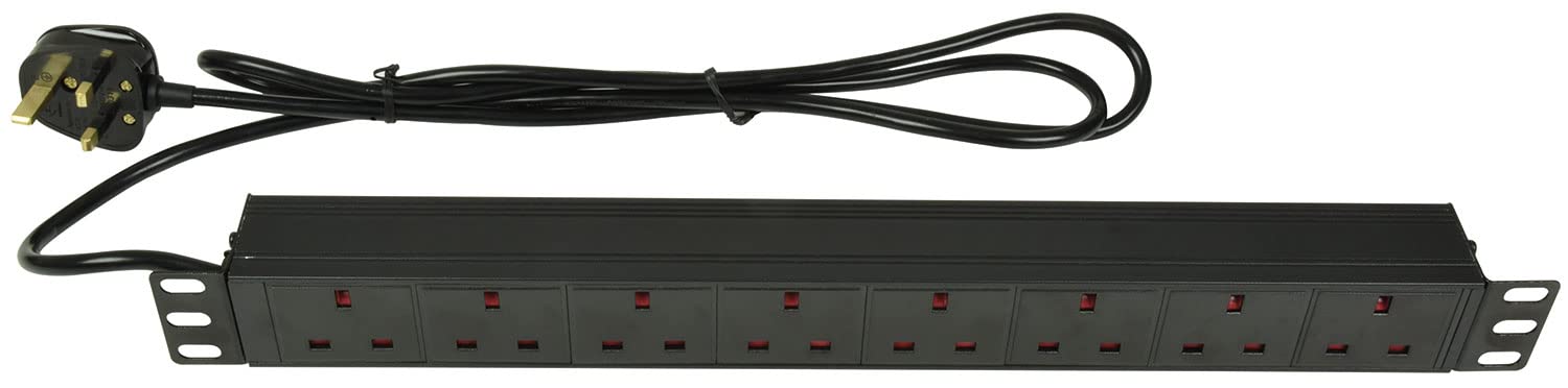 Adastra | Unidad de distribución de energía con 8 enchufes de red británicos | Diseño delgado de montaje en rack de 1U y cable de extensión de 1,8 metros