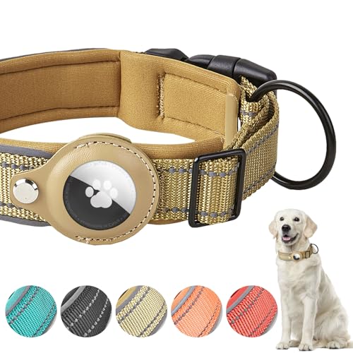 BoloShine Collare Cane Regolabile Riflettente Compatibile con Apple AirTag Anti-smarrimento Collare per Cani di Piccola Media e Grande Taglia (Cachi, XL)