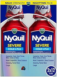 Vicks NyQuil SEVERE Cold & Flu Liquid Berry Flavored Medicine, Max Strength Nighttime Relief for Fever, Sore Throat, Minor Aches And Pains, Nasal Congestion, Sneezing, Cough, Twin Pack, 2 x 12 FL OZ