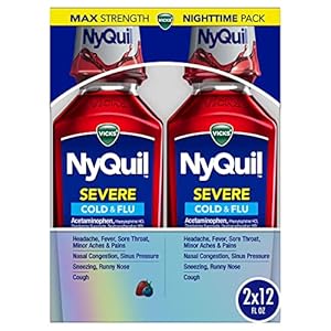 Vicks NyQuil SEVERE Cold, Flu, and Congestion Medicine, 2×12 fl oz Twin Pack, Berry Flavor, Maximum Strength, Nighttime Relief