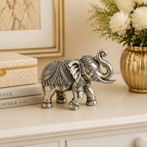 Image of KYAT Pure 999 Fine Silver Kamdhenu Cow with Calf Idol Elephant Pair (Elephant Pair 1-3'')