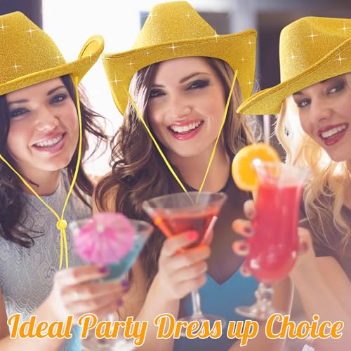 Image of Coume 12 Pcs Sparkly Adults Cowboy Hat and Bandanas Women Men Western Glitter Cowgirl Party Hats with Adjustable Drawstring