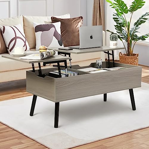 VOWNER Mesa de Centro, Mesa de Centro Regulable en Altura, Extraíble, Extensible, Compartimento de Almacenaje Oculto Independiente, Tablero Elevable Doble, Mesa de Sofá de Salón, Gris Claro