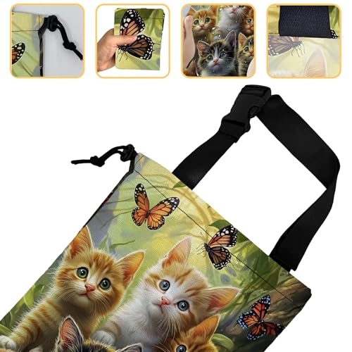 Image of Cute Cats with Butterfly Car Trash Bag, Hanging Drawstring Car Garbage Bag,Canvas Car Back Seat Organizer with Adjustable Buckle for Men and Women