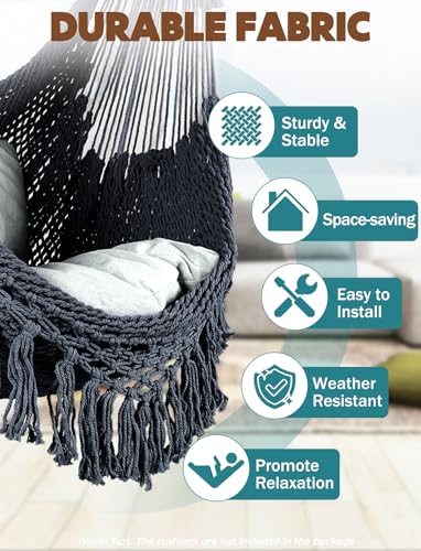 Image of Chihee Hammock Chair Handmade Woven Mesh Hanging Seat Metal Spreader Bar | Cotton Blended Rope Hanging Chair Ventilated Soft-Spun Large Stretch Hammock Swing, Elegant Macrame Indoor Outdoor Garden