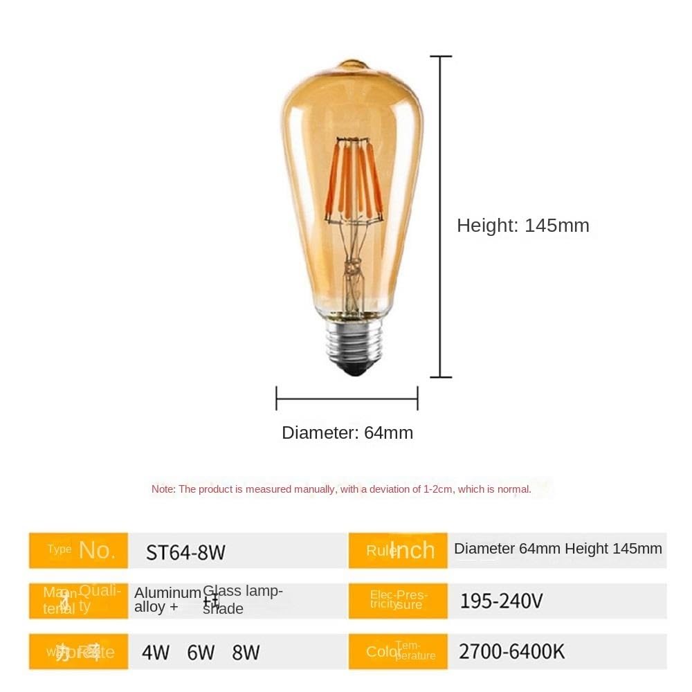 HHF Iluminación del hogar, Paquete de 12, lámpara de filamento LED ST64 4/6/8W AC220V Bombillas Edison ámbar Bombilla LED lámpara Blanca cálida 2700K(8W)