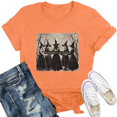 Qskall Halloween T Shirts for Women Vintage Witches Shirt Retro Halloween Girls Witch Tee Top