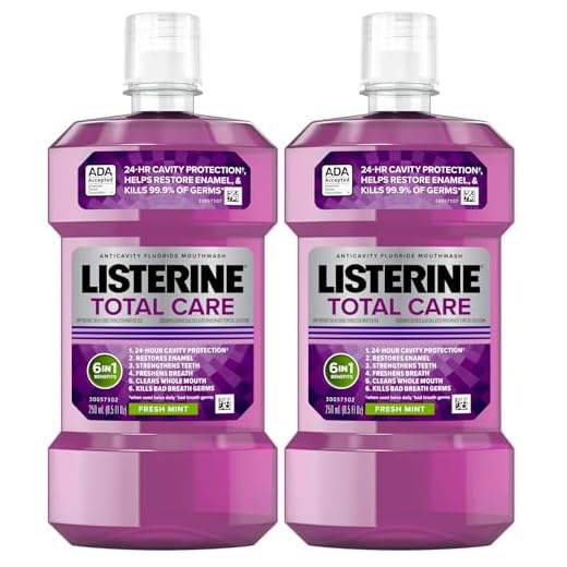 Listerine Total Care Anticavity Fluoride Mouthwash, 6 Benefits in 1 Oral Rinse Helps Kill 99.9% of Bad Breath Germs, Prevents Cavities, Strengthens Enamel, ADA-Accepted, Fresh Mint, 250 mL (Pack of 2)