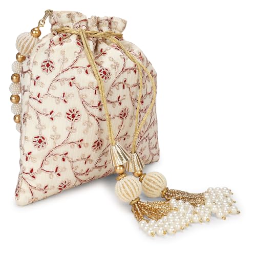 Image of LONGING TO BUY Indian Embroidered Pearl Potli Bag For Women, Sequence Design with Tassel, Wedding Potli Bags