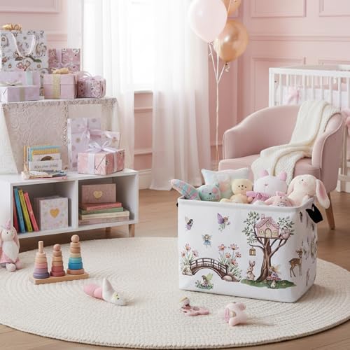 Image of Kid Cute Rectangle Storage Basket Baby Toy Clothes Storage Bin Nursery Playroom Bedroom Decor Basket (Pink Tree House Flower Fairy)