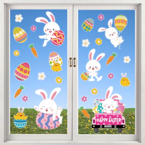 Easter Window Clings Decorations Bunny Easter Eggs Large Window Decals Double Sided Flowers Bunny Window Clings Sticker Happy Easter Glass Stickers for Spring Home School Decor, 4 Sheet