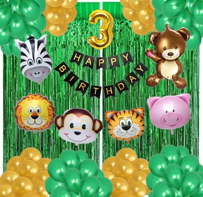 PARTY BREEZE™ green jungle 3 year third birthday theme Happy Birthday Decoration Combo Kit with animals foil Banner Balloons for Birthday Decoration Boys, Kids, Girl, Husband, Wife, Adult