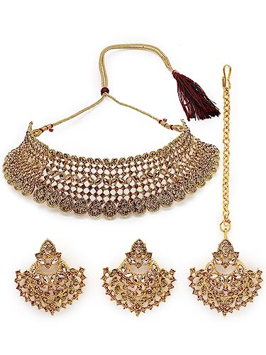 Sukkhi Graceful Curve Shaped Gold Plated LCT AD Stone Choker Necklace Set With Earring And Maangtika | Jewellery Set For Women (NS105578)