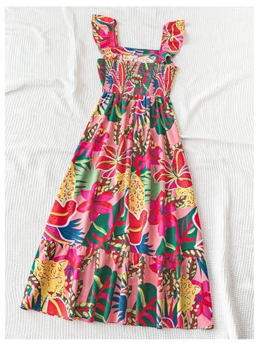 Verdusa Girl's Tropical Print Ruffle Cap Sleeve Dress Square Neck High Waisted Vacation Maxi Dresses2