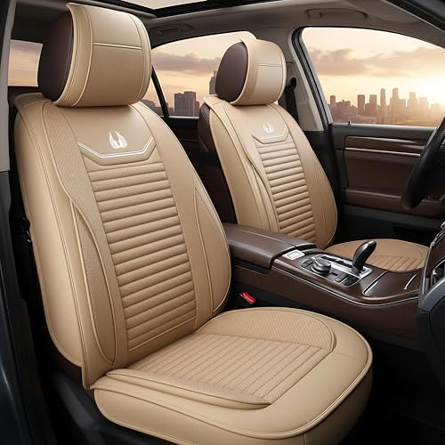 Image of Car Seat Covers Full Set Premium Waterproof Faux Leather Cushion Universal Accessories Fit SUV Truck Sedan Automotive Vehicle Auto Interior Protector (OS-008 Tan)