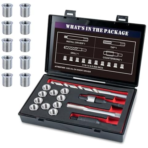 SENNMONN 7/16-14 SAE Thread Repair Kit with Insert HSS Drill, Tap, Counterbore, Installation Driver, 10PCS Stainless Steel Insert 7/16-14X0.600 INCH Cover