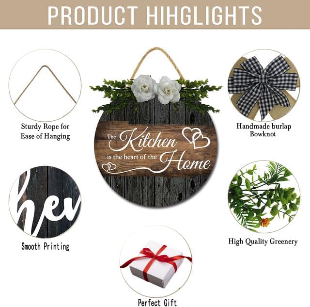 Miniatura 6 de Decoración rústica para el hogar, decoración de pared con texto en inglés The Kitchen is the Heart of the Home, letreros de madera redondos rústicos