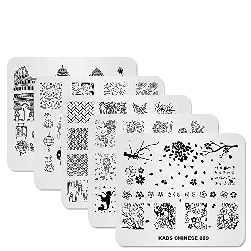 KADS ネイルスタンププレート5セット 桜 人魚 建築 鯉 踊り子 和風 取りやすいデザイン ネイルステンシル ネイルアートツール ネイルデザイン用品 (セット4)