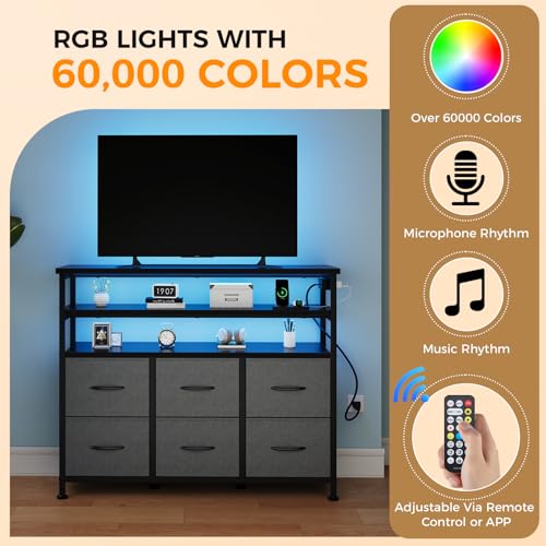 Image of NEWBULIG Dresser TV Stand with 6 Fabric Drawers and 2 Shelves, TV Media Console Table for Up to 45 inch, Entertainment Center with Charging Station for Living Room Bedroom, Grey