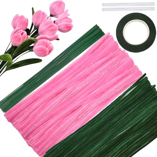 TOAOB 200pcs Pipe Cleaners Craft Supplies DIY Tulips Bouquets Making Kit Pink Chenille Stems Artificial Flowers Craft Kit for DIY Art and Crafts Party Wedding Home Decorations