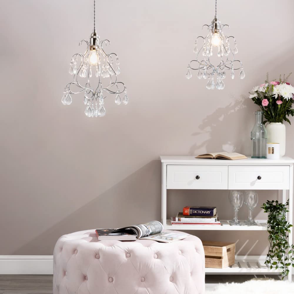 Giggi Chrome Ceiling Light Shade Cylinder Shape With Clear Acrylic Crystals 26cm X 30cm, Lampshades For Ceiling Lights & Floor Lamps, Lamp Shades For Bedroom, Living Room, Kitchen, Hallway