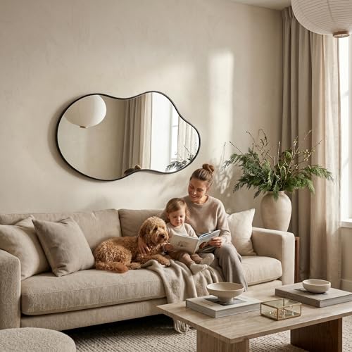 Image of Irregular Asymmetrical Wall Mirror 26x48 Inches Decorative Tempered Glass | Modern Aluminum Alloy Frame, Black Abstract Cloud Mirror for Bathroom, Bedroom, Living Room, Entryway, Cloakroom
