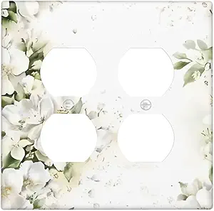 Decorative Outlet Covers Rustic Ink Green Leaves White Florals Flower 2 Gang Outlet Cover Wall Plate Double Duplex Light Switch Cover Plate Switch Plate Covers for Bedroom Home Decor