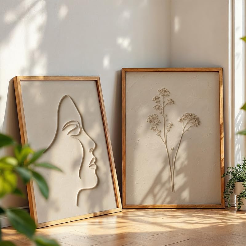 Image of NoWorries Minimal Line Art Wall Painting Set of 2 with Frame | Abstract Woman Face & Botanical Flower Beige Artwork, Modern Neutral Wall Decor for Living Room, Bedroom, Office and Home Decoration (Art-8, 10x13inch)