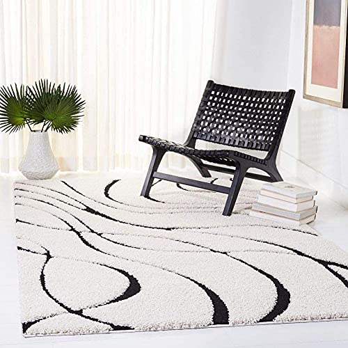 Image of Geometric Wave Shaggy Rectangular Carpet For Living Room,Bedroom,High Low Design Finish Microfiber 1.8 Inch Pile High,3X5 Feet Ivory|Black Color