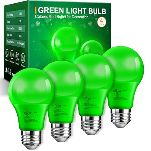 TJOY Green Light Bulbs for Outdoor Porch, A19 60 Watt Equivalent LED Colored Light Bulb, 5W E26 Base Green Lightbulb for Christmas Party Indoor Decoration, Non-Dimmable, 4 Pack