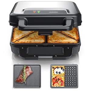 Arendo - Sandwichmaker XXL 4er - 3 in 1 Waffeleisen Kontaktgrill mit abnehmbaren Platten - mit Antihaftbeschichtung - BPA frei - Temperaturkontrolle – Sandwichtoaster - 4er Platten